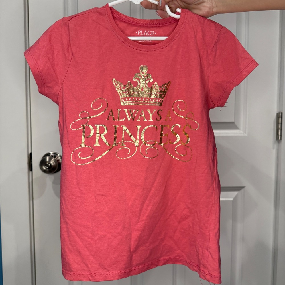 The Childrens‎ Place Girls Pink Always a Princess Gold Foil Graphic Tee Size 7/8